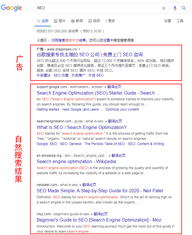 广告与自然搜索结果