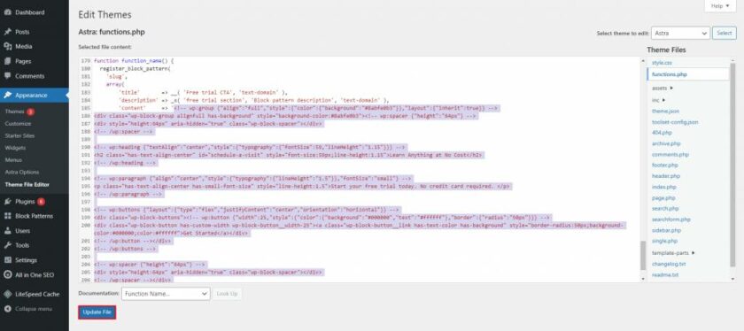 functions.php 文件中的更新文件按钮和用于创建自定义模式的代码块