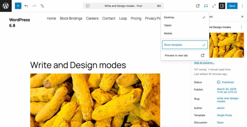 WordPress 6-8 中启用显示模板选项