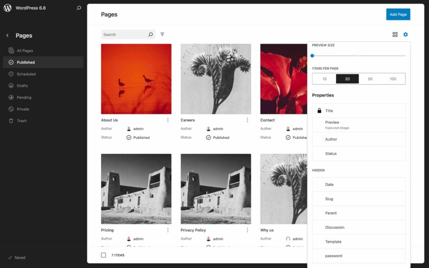 WordPress 6.8 中的页面视图