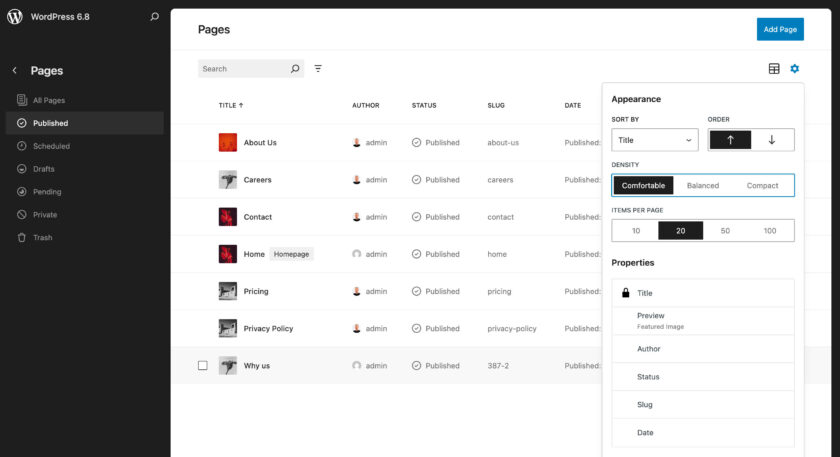 WordPress 6.8 在表格视图中引入了新的密度控制
