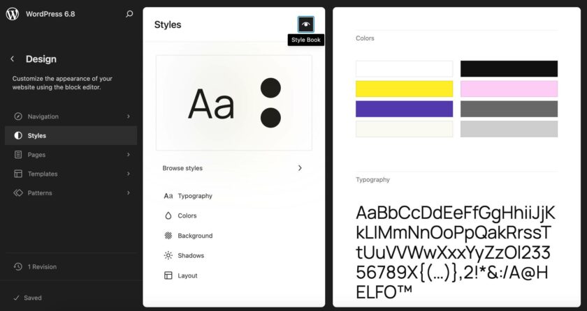 WordPress 6.8 主站点编辑器菜单中的“全局样式”面板