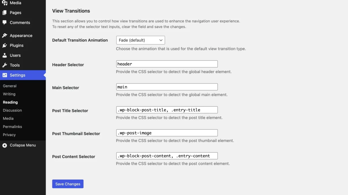 WordPress 性能团队发布新插件 View Transitions - View Transitions WordPress Settings