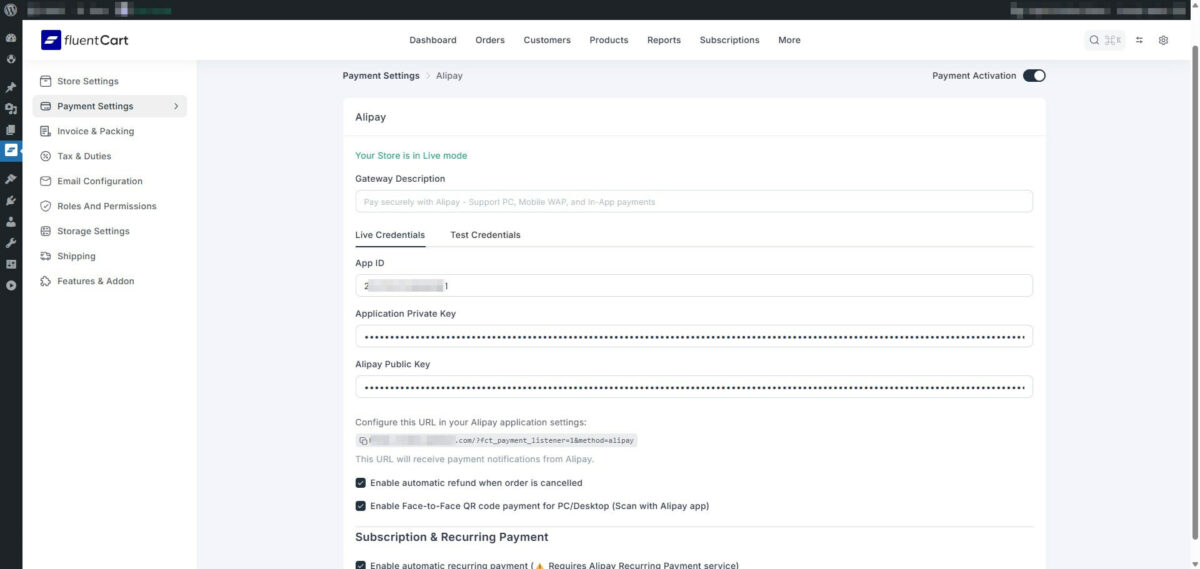 FluentCart 支付宝付款网关插件:WPKJ FluentCart Alipay Payment - Screenshot 2